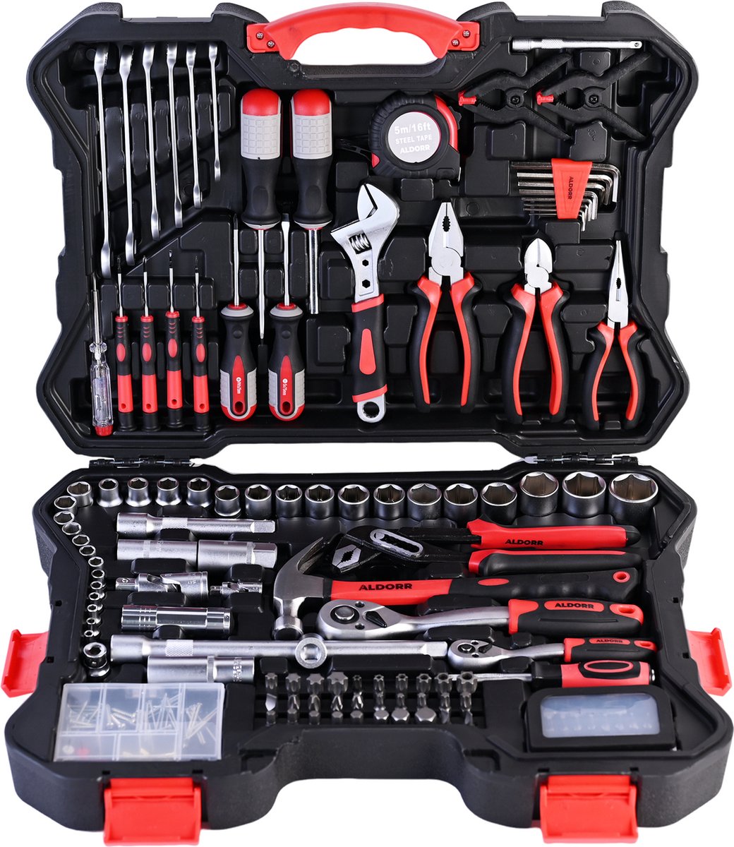 ALDORR Tools - 196-Delige gereedschapsset in koffer - Toolbox - Gereedschapskoffer Gevuld - Gereedschapskist - Schroevendraaierset - Aluminium - Handgereedschap - Basisgereedschap - Met Momentsleutel Ratel - Cadeau voor mannen - Housewarming Cadeau