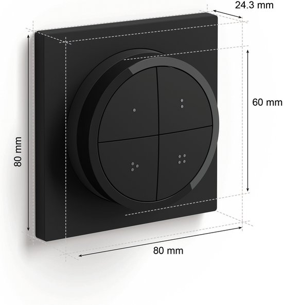 Zwarte Philips Hue draaischakelaar, 80x80mm, 24.3mm diep.