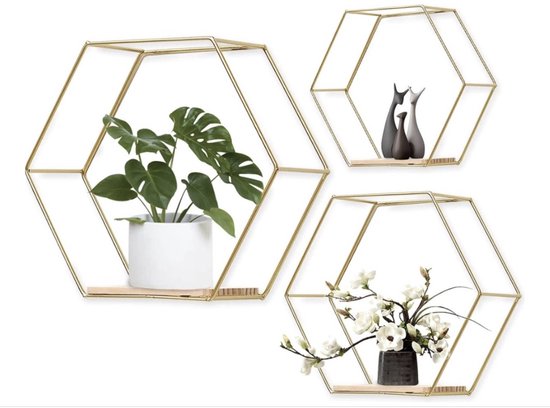 WingFly Hexagon Wandrek, plank van hout, metaal, 5 maten