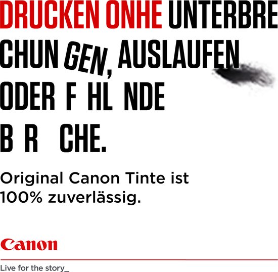 Tekst 'Drucken ohne Unterbrechungen, auslaufen oder Fehlbrüche. Original Canon Tinte ist 100% zuverlässig.' met een veeg.