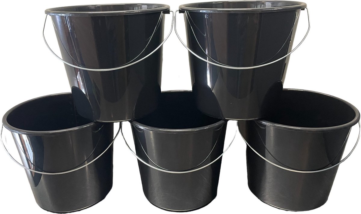 Goedkoopste HL - huishoudemmer - emmer - 10 liter - set van 5 - zwart - kunststof - stalen handvat