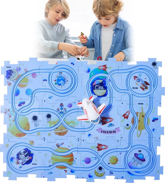 Foto: 25 stuks puzzelbaan autospeelgoed puzzle wheels het zelf peuterpuzzelset doe montage elektrische trolley spellen voor kleuters montessori speelgoedcadeau space serie