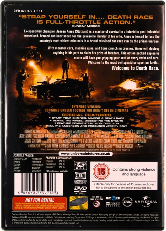 Achterkant van de "Death Race" DVD met filmdetails en waarschuwingen.