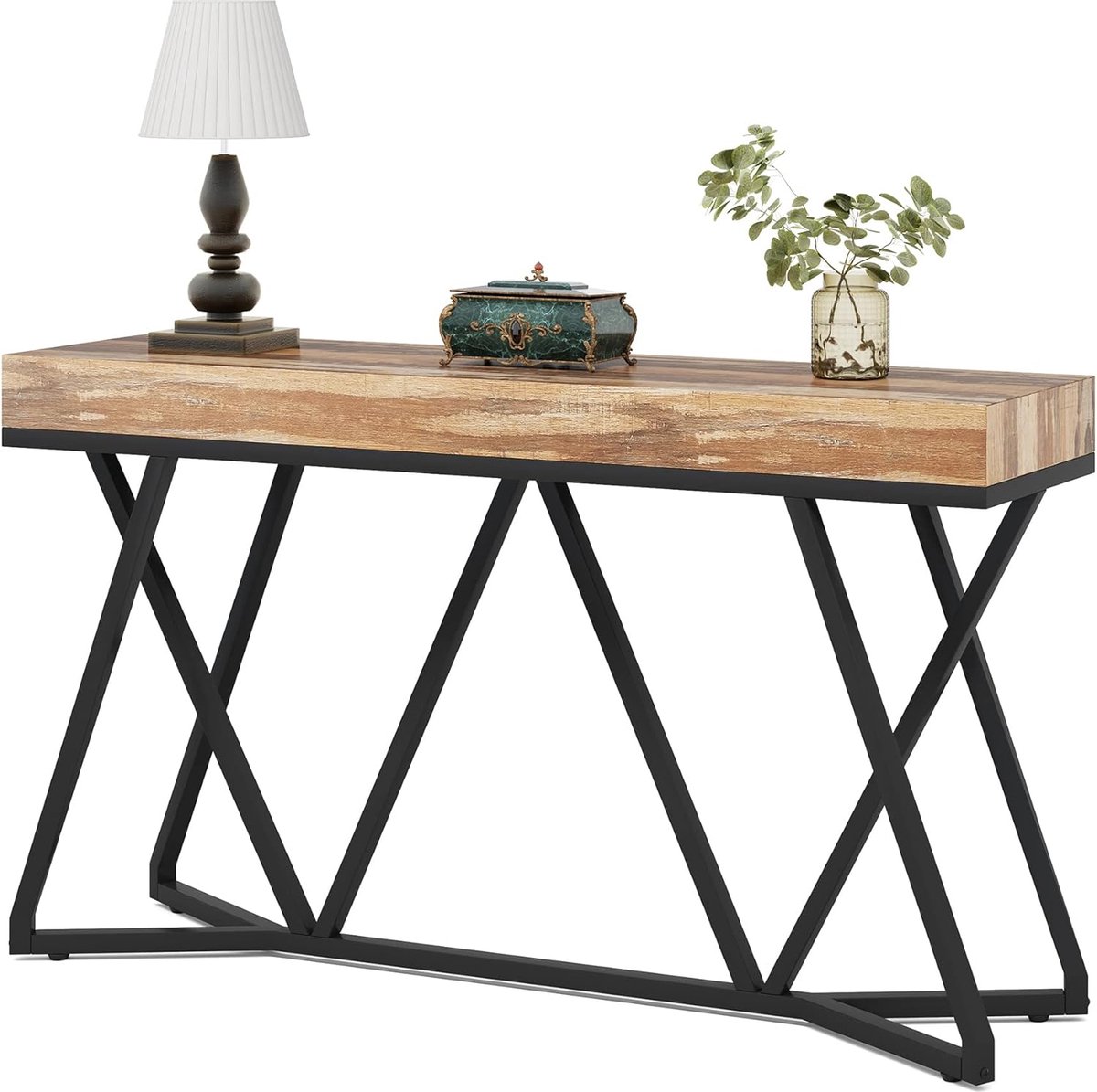 Tribesigns Console Tafel - Bijzettafel - Sidetable Industrieel met unieke metalen basis - Rustiek Bruin - 140 x 30 x 90 cm