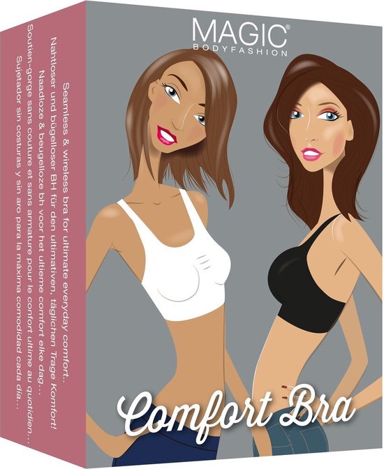 Verpakking van de MAGIC Bodyfashion Comfort Bra met afbeeldingen van modellen in witte en zwarte beha.