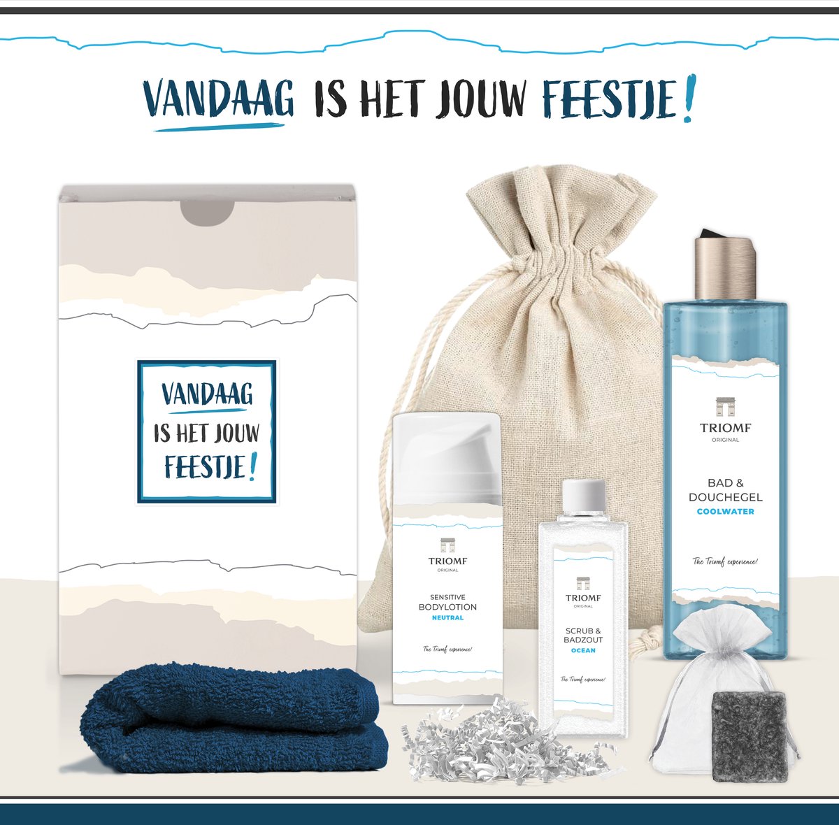 Goedkoopste Geschenkset Vandaag is het jouw feestje! - 6 Producten - 650 Gram | Triomf Original - Giftset voor hem - Geschenk Speciaal voor jou - Luxe Wellness cadeaubox - Cadeau Set Man Vriend Collega - Cadeaupakket Verjaardag Jubileum Afscheid Pensioen Blauw