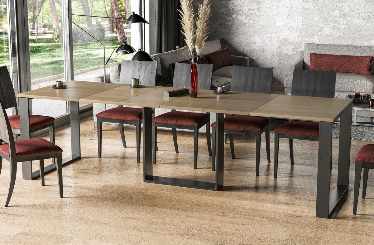 Eiken Uitschuifbare Eettafel (130-330 x 80 x 75 cm) – Verlengbaar Tafelblad, Robuust Metaal en Bewerkt Hout – Modern Design voor 4 tot 8 Personen Eiken Calera - uitschuifbaar - eetkamer