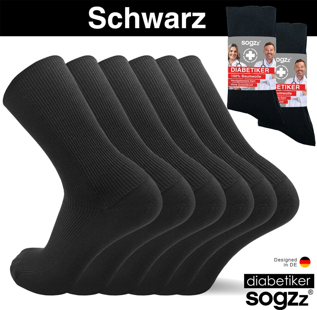 SOGZZ® 6 Paar Diabetes Sokken Zwart Zonder Naad , Zonder Rubber 100% Katoen Unisex Maat 43/46