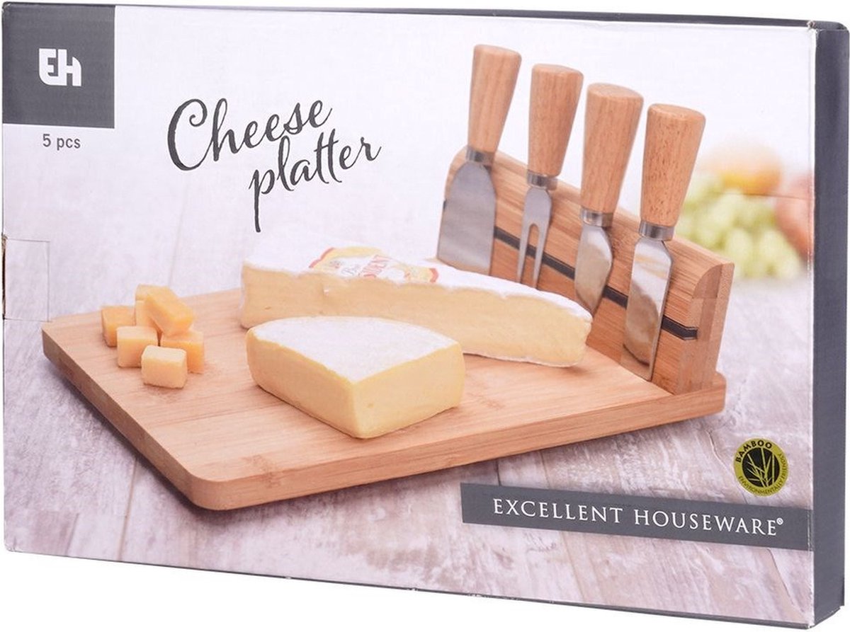 Kaasplank met Kaasmes Bamboe 5 delig - Serveerplank - Kaasmessen - Set - Hapjesplank - Mesjes - Snijplank — cadeau in Kookcadeaus - foto 7