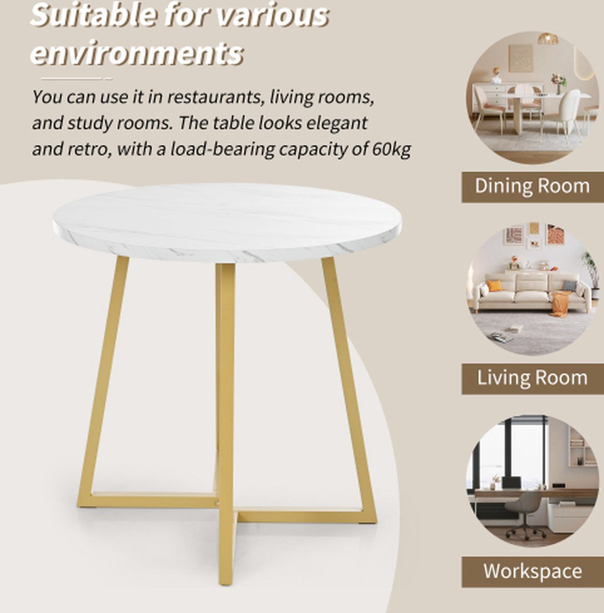 Ensemble Salle à Manger 5 Pièces - Table Ronde 80 Cm Dorée + 4 Chaises Velours Blanc, Design Moderne