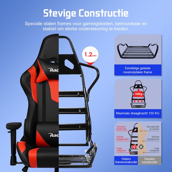 Chaise de Gaming - Chaise de Gaming avec dossier 90°-165° - Style course - Poids maximum 150 kg