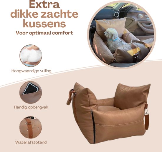 Bruine hondenautostoel met de tekst 'Extra dikke zachte kussens. Voor optimaal comfort'.