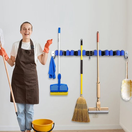 Vicloon Wandhouder voor bezem, multifunctioneel, 5 vakken en 6 haken, houder voor je keuken, garage, wasruimte voor keuken, badkamer, garage en tuin (grijs