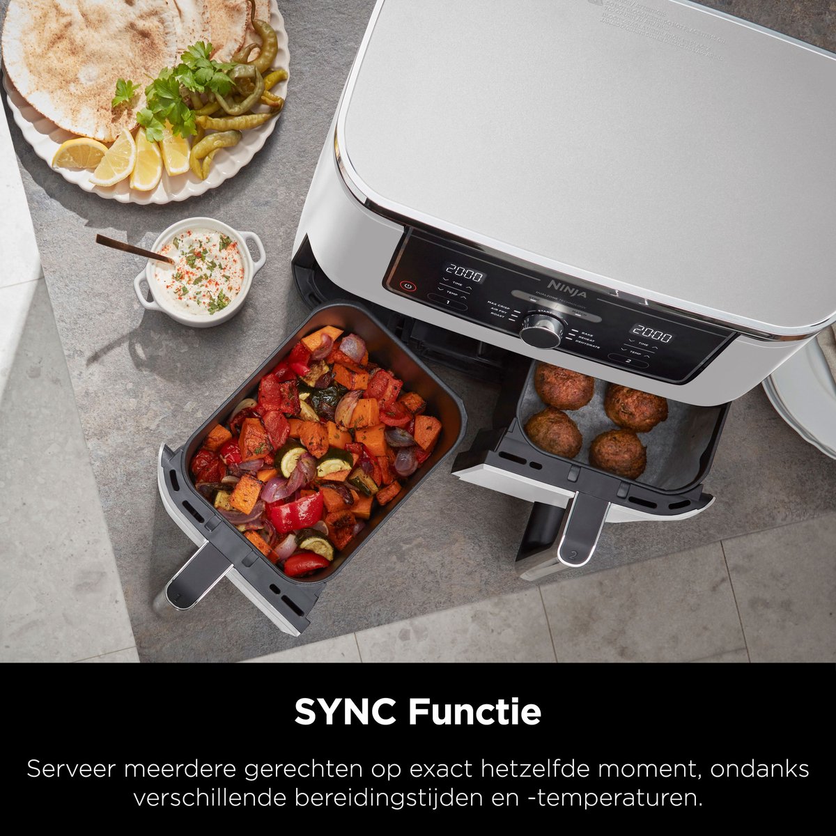 Afbeelding 3 van Ninja Foodi AF400EUWH Limited Edition Dubbele Airfryer XXL - Twee Kookvakken - 9.5 Liter - 2470 Watt - Dual Zone Technologie