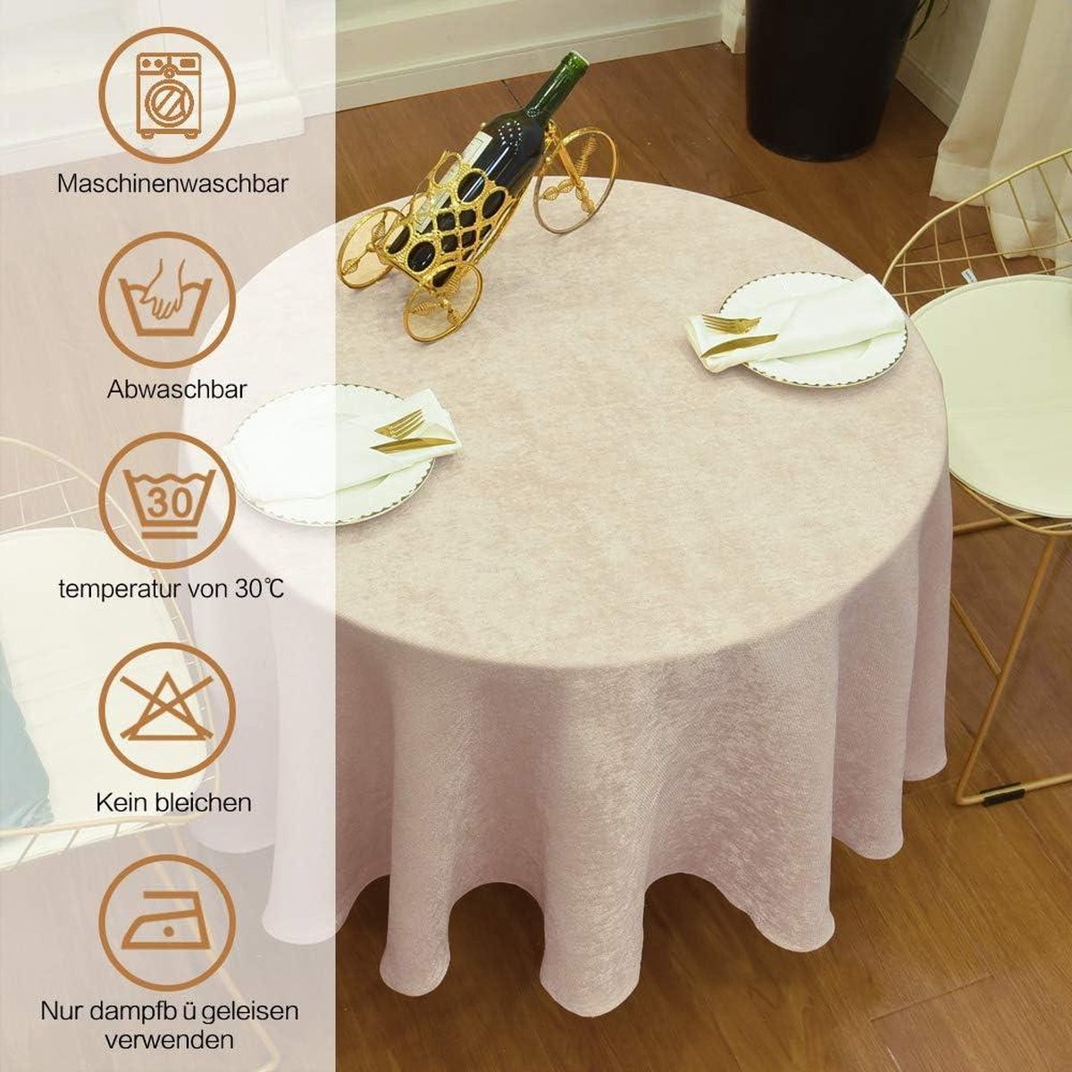 Washable Round Tablecloth 180 cm Lotus Effect Beige Garden Linen - 180 cm Round