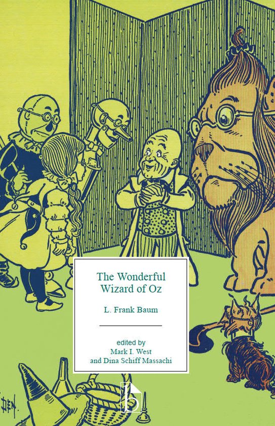 Boekomslag met illustratie van de Tovenaar van Oz, de Leeuw, de Blikken Man, de Vogelverschrikker en Dorothy. Tekst: "The Wonderful Wizard of Oz".