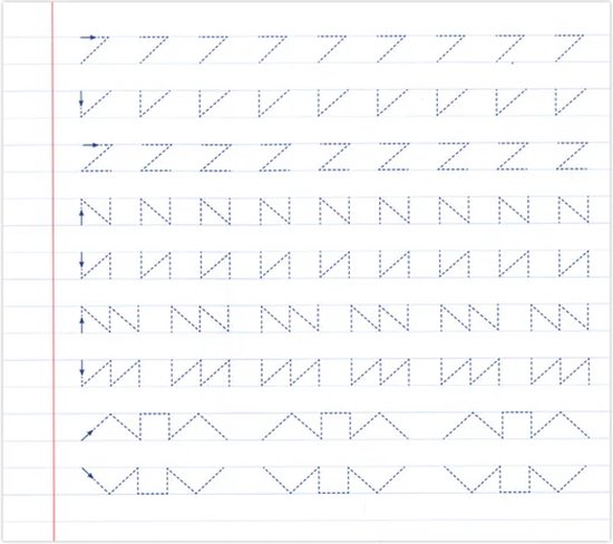 Page d'exercices lignées pointillées pour l'écriture : lignes droites, zigzags et N.