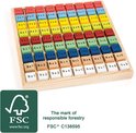 Houten 9x9 keer-tafelbord met gekleurde blokjes met sommen, van 1x1 tot 9x9, met FSC-logo.