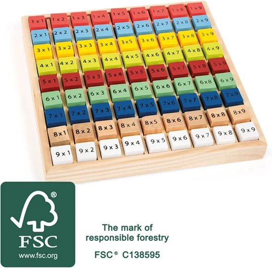 Houten 9x9 keer-tafelbord met gekleurde blokjes met sommen, van 1x1 tot 9x9, met FSC-logo.