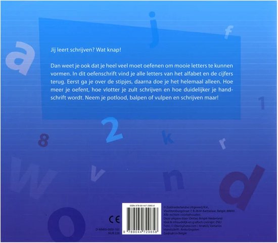 Dos de 'Mon cahier d'exercices d'écriture'. Fond bleu avec des lettres et des chiffres. Texte sur l'objectif d'apprentissage.