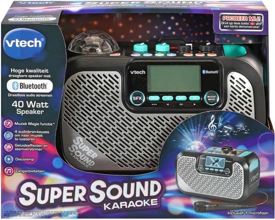 De VTech Super Sound Karaoke set in verpakking, met speaker, microfoon en discobol.