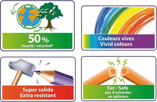 4 iconen: milieu, levendige kleuren, sterk en splintervrij.