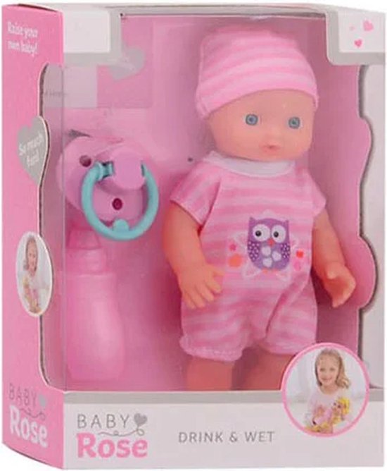 Baby Rose pop in roze gestreepte outfit met uil-print in verpakking.