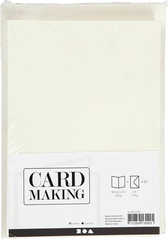 Emballage de 50 cartes vierges blanc cassé, format A6 (10,5 x 15 cm) et enveloppes C6.