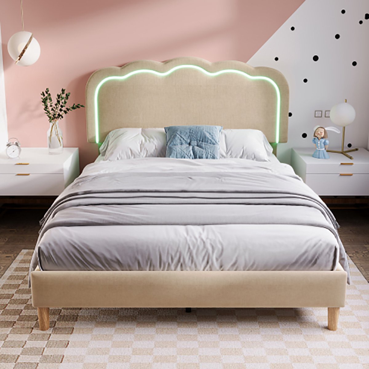 KOMHTOM Eenpersoonsbed Bed LED volwassenen 90x190 cm met lattenbodem en verstelbaar hoofde
