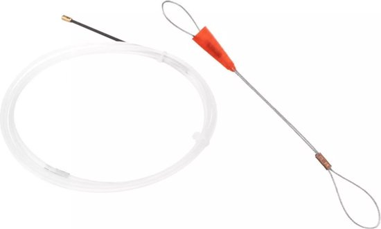 Witte kunststof kabeltrekker met metalen kabel en oranje punt.