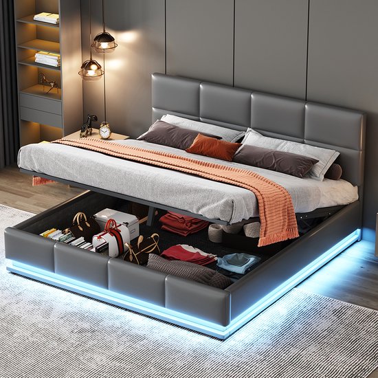 Lit Double Capitonné 160x200 Avec Tête De Lit LED Et Chargeur USB C Lit Hydraulique Gris Sans Matelas 93337195