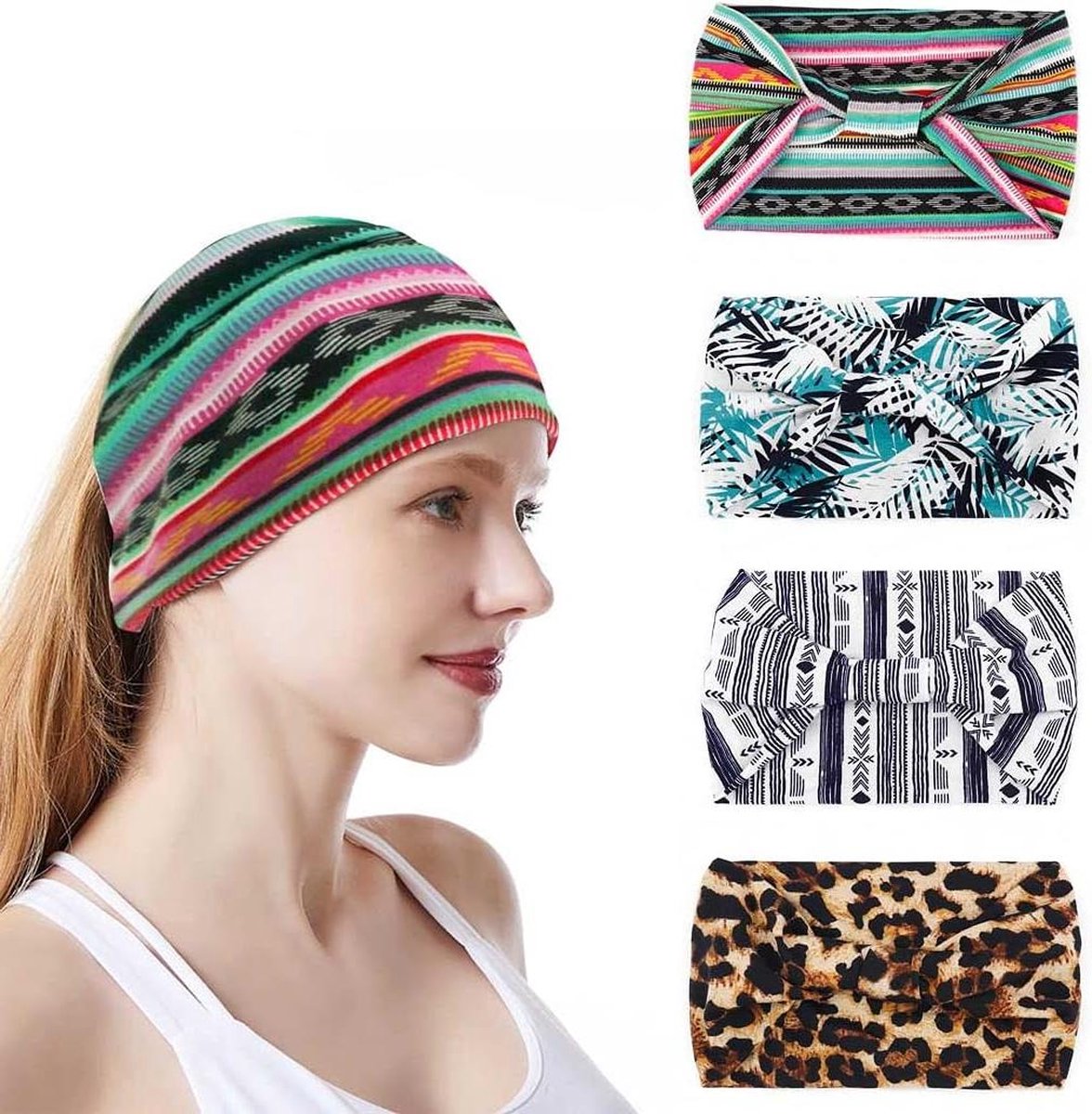 Kavya 6 stuks boho luipaardprint hoofdband, breed, elastisch, zacht, haaraccessoires voor dames, yoga en sport