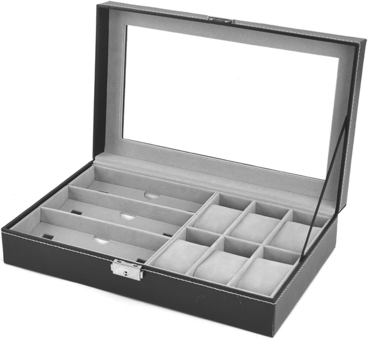 6 en 3 Brillen Zonnebril Doos voor Lederen Horloges met Sieraden Display Case Organisator - Opslag Houder voor Mannen en Vrouwen - Glas Top Zwart AWU-004