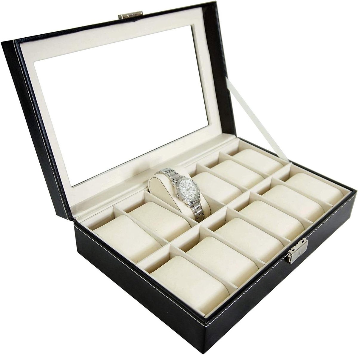 Watch and Bracelet Storage Case - Size 30 x 20 x 8 cm - MDF Material - Holds 12 Watches - Black-Beige Display