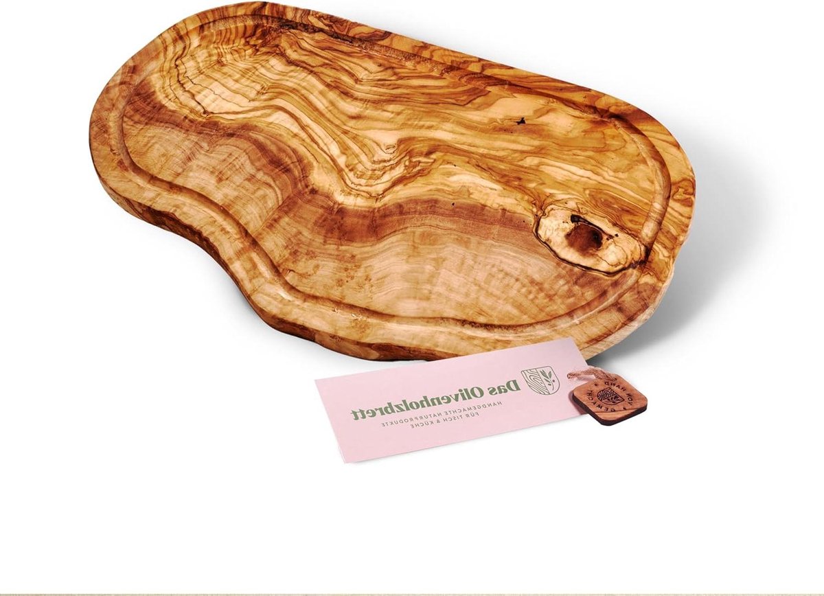 Olijfhouten snijplank met sapgoot - natuurlijke snede - 35-38 cm lang