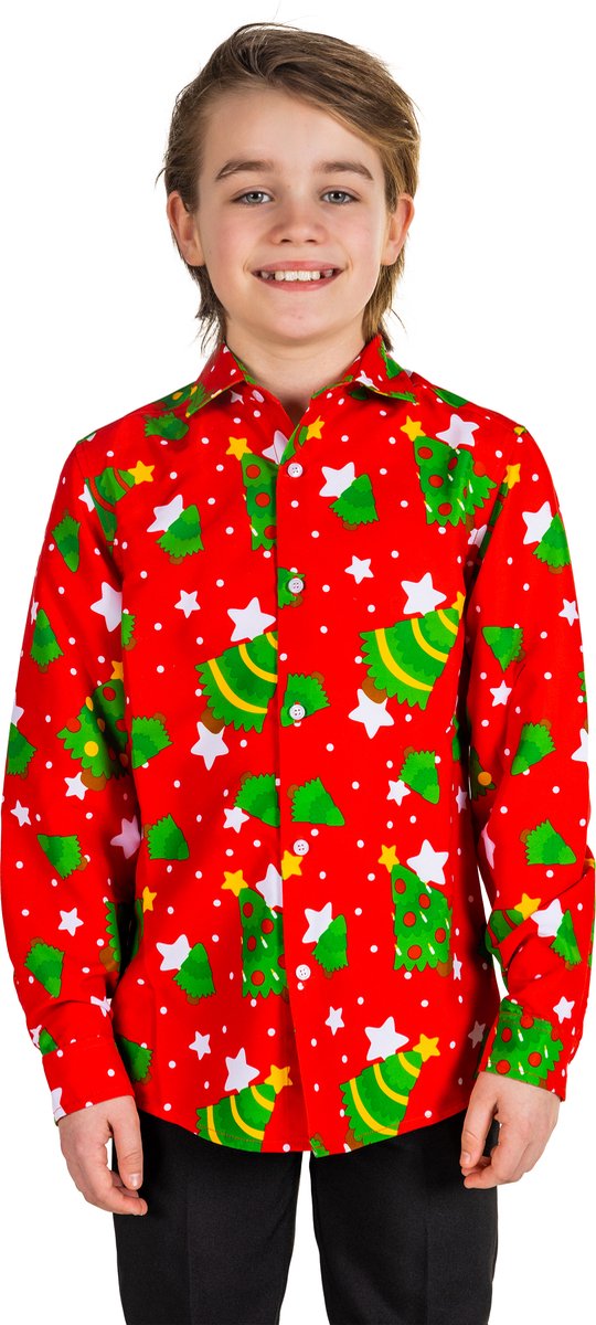 Suitmeister Christmas Trees Stars Red - Kids Kerst Overhemd - Kerst Outfit - Kerst - Rood - Maat XL