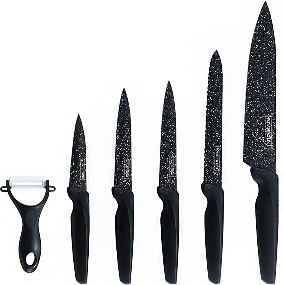 Royalty Line® MB5B Messenset - 6 Delig Keukenmessenset - Keukenmes - Broodmes - Vleesmes - Dunschiller - Schilmes - Antiaanbaklaag - Zwart