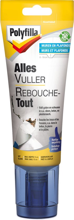 Tube Polyfilla Alles Vuller Rebouche-Tout avec bouchon bleu et autocollant de recyclage vert. Mastic blanc pour murs et plafonds.