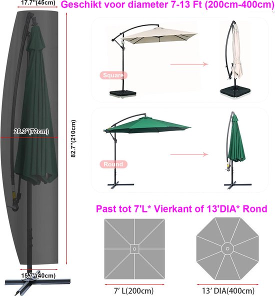 Afmetingen van de zwarte parasolhoes, geschikt voor vierkante of ronde parasols.
