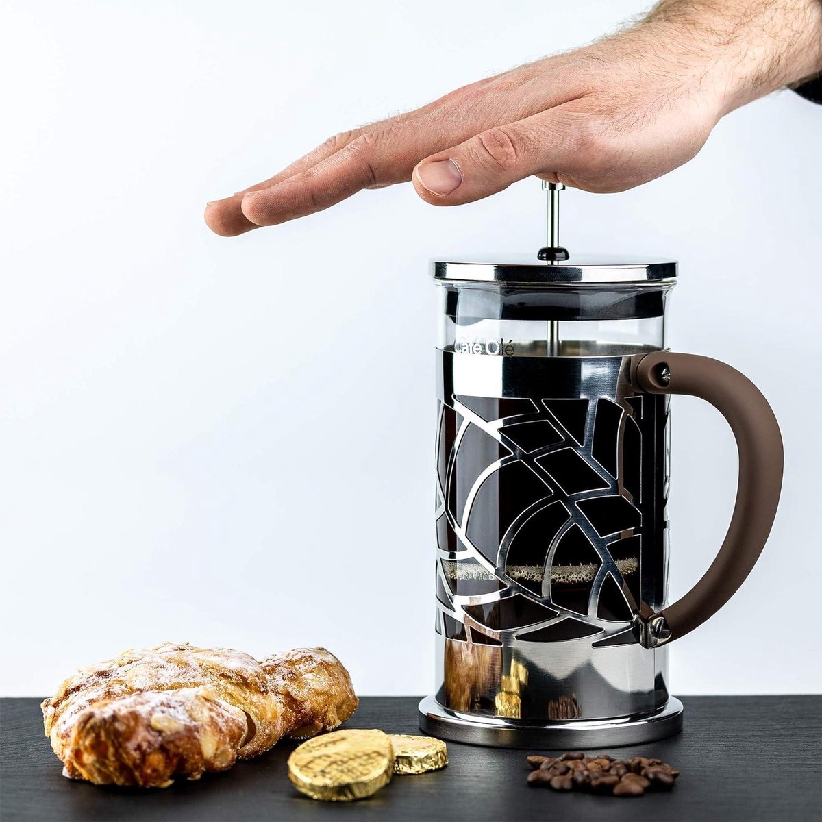 Café Olé Floral Doorzichtige koffiemaker - roestvrij staal 18/10 - glas 600 ml - 4 mokkatkoppen - Stijlvolle koffiepers