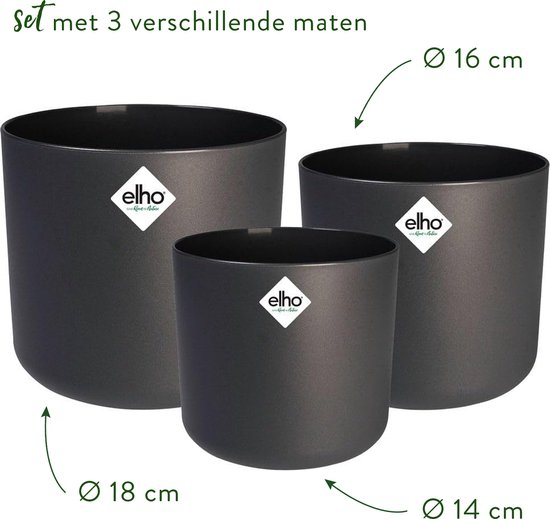 Elho B.for Soft Rond - Bloempotten voor Binnen - 100% Gerecycled Plastic - Set van 3 - Ø 14, 16, 18 cm - Antraciet