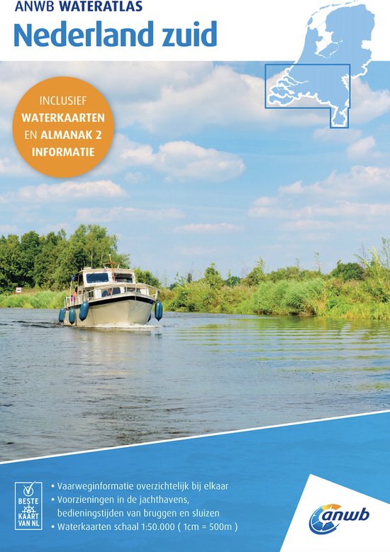 ANWB Wateratlas Nederland zuid met een boot op het water, groen met bomen aan de oever.
