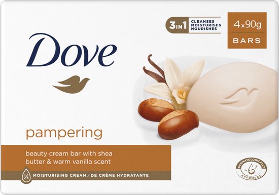 Verpakking van 4 Dove "pampering" beautycrèmes met shea butter en warme vanillesmaak. Met afbeelding van een zeepje, shea butter noten en vanillebloem.