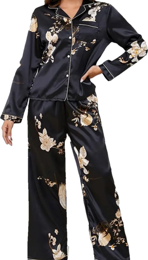Dilena fashion 2 delig satijn pyjama set chinese style bloemen