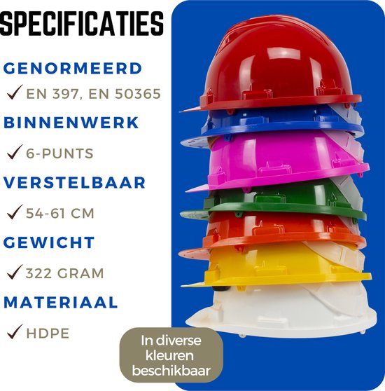 Stapel van diverse gekleurde Climax bouwhelmen. Specificaties: EN 397, EN 50365, 6-punts binnenwerk, verstelbaar 54-61 cm, 322 gram, HDPE.
