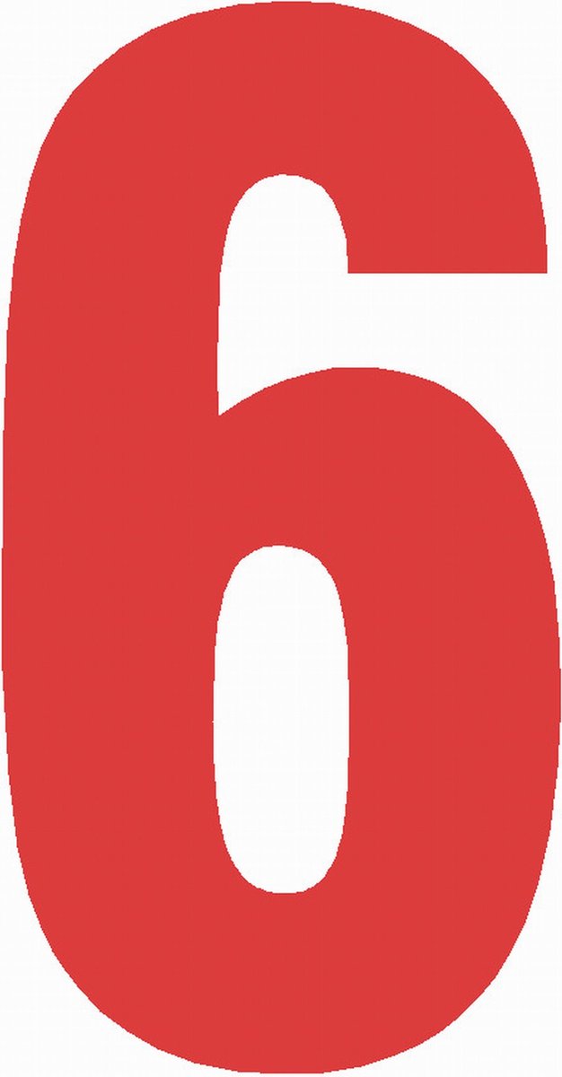 Cijfersticker nr. 6 ROOD 10x5cm plakcijfer huisnummersticker containersticker magazijn sticker binnen en buiten
