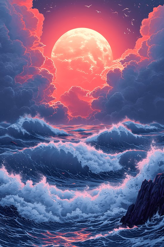 Affiche de la vague de la mer | Clair de lune Poster | Affiche d'art de paysage | Affiche de la mer de nuit | Affiche de lumière d'ambiance | Affiche de réflexion | 60x90cm | Décoration murale | Affiche murale | 2591MT | Convient pour l'encadrement