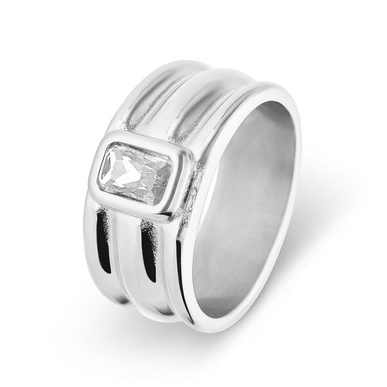 Lucardi Dames Stalen ring met wit zirkonia - Ring - Staal - Zilverkleurig - 20 / 63 mm