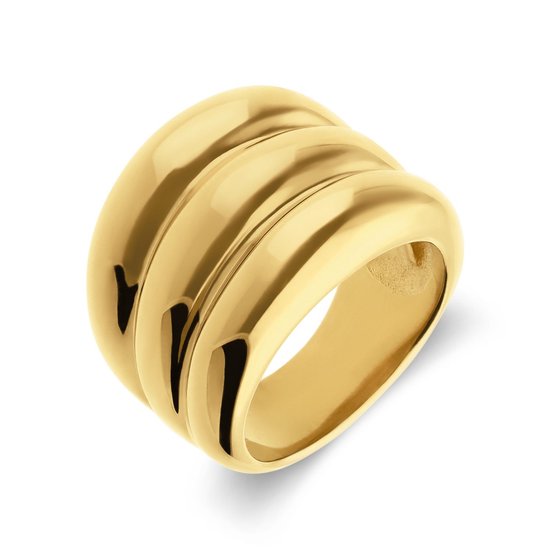 Lucardi Dames Stalen goldplated ring met ribbels - Ring - Staal - Goudkleurig - 18 / 57 mm