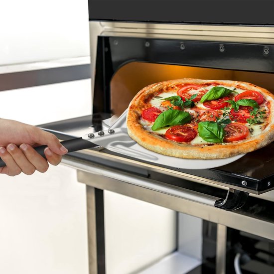 BURNHARD® Pizzaschieber Pizza Peel, Aluminium-Schaufel mit Perforation & Akazienholz-Griff, inkl. Steckmechanismus, temperaturbeständig für Pizzaofen – 77,6 cm x 36,1 cm x 1,6 cm